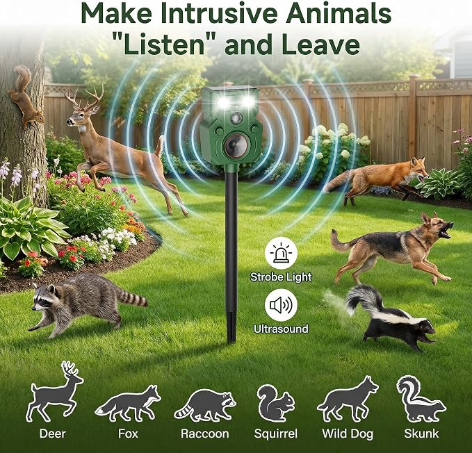 Ultrasonic Deer Repellent Devices 2 Packs , 2026 Upgrade Solar Animal Repeller with Motion Sensor & LED Lights, Waterproof Cat Deterrent Outdoor, Effective Repel Deer, Coyote, Raccoon, and Dog