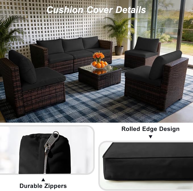 12 Pcs Patio Cushion Covers, Outdoor Rattan Sectional Sofa Cushion Covers, Replacement Washable & Reusable Furniture Protector for Patio Couch (12Pcs-Black, 25.6 * 25.6 * 4-inch)