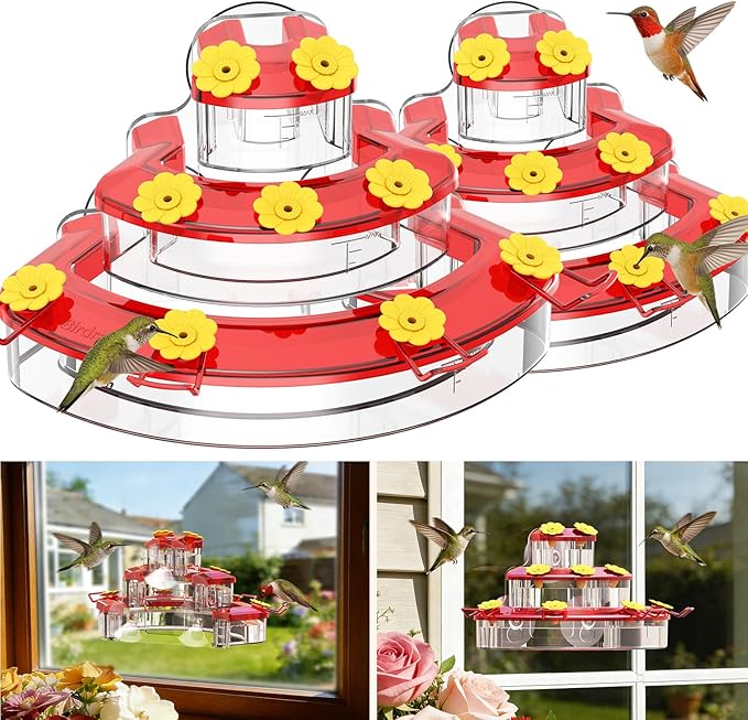 Birdream Hummingbird Feeders for Window, 2 Pack-18oz Suction Cup Hummingbird Feeder with 9 Feeding Ports & Clean Brush, Attracting Ruby Throated Anna Rufous - Red