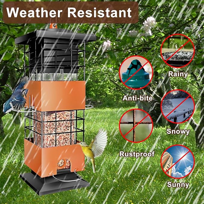Squirrel Proof Bird Feeder for Outside, 3Lbs Metal Anti-Squirrel Bird Feeders for Outdoors, Weight-Activated Perches Hanging Wild Birdfeeder for Blue Jay, Cardinal (Brown)