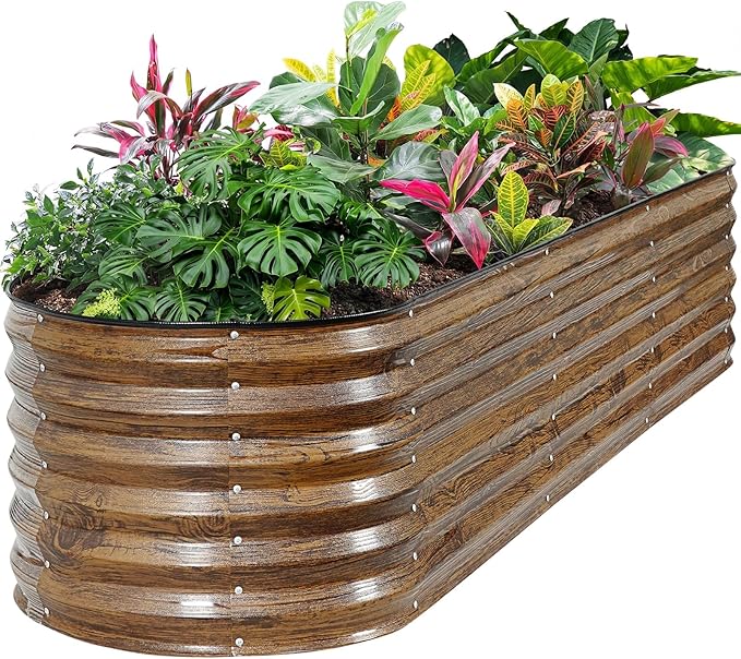 ZORMY Galvanized Raised Garden Bed Outdoor- 8x2x1.4ft Oval Steel Raised Beds for Gardening, Metal Planter Box with Protective Strip and Gloves for Vegetables, Flowers, Fruits(Brown)