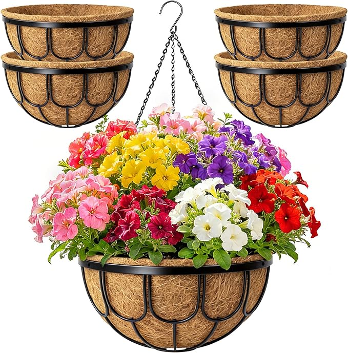 4 Pack 12 Inch Hanging Planters for Outdoor Plants, Large Metal Wire Hanging Flower Baskets with Coco Coir Liner, Black Hanging Plant Pots for Garden, Patio, Balcony & Indoor Home Decor