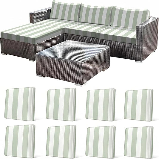 CALBODE 8 Pcs Outdoor Seat Cushion Covers, Green Striped Stretch Chair Seat Cover for Patio Furniture Cushions Washable Reusable Indoor and Outdoor Couch Cover Replacement (Grassy, Cover Only)