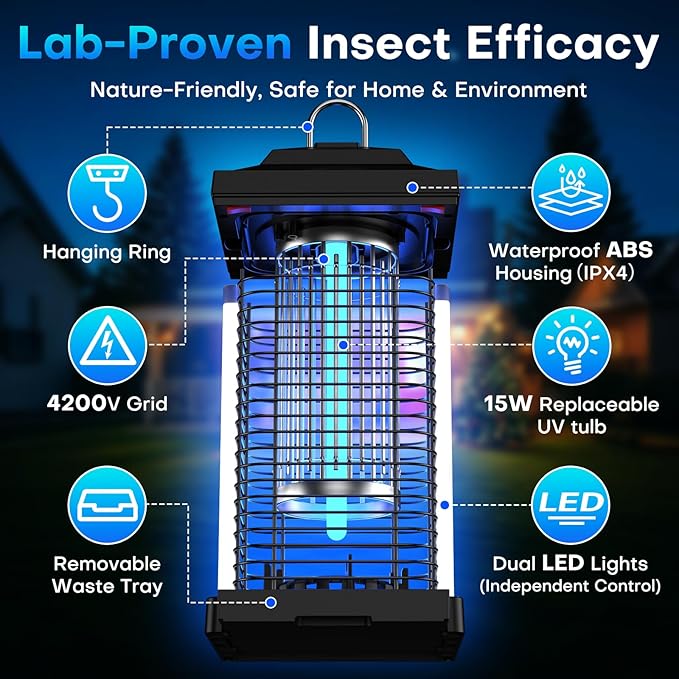 Bug Zapper Outdoor, Dual Wavelength UV 50000H Lifespan & Dual LED Lamps, 1/2 Acre Coverage, 5 Zaps/Sec, 4200V Electric Mosquito Zapper, IPX4 Waterproof Fly Trap for Indoor Patio Backyard