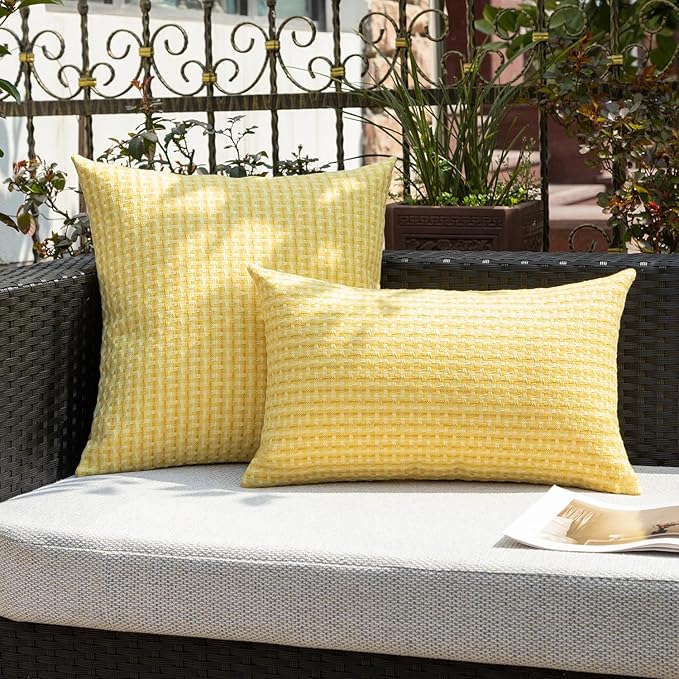 Kevin Textile Outdoor Waterproof Throw Pillow Covers Pack of 2 Boho Farmhouse Decorative Lumbar Cushion Covers for Garden Patio Tent Balcony Bench Couch Sofa 14x24 Inch, Yellow