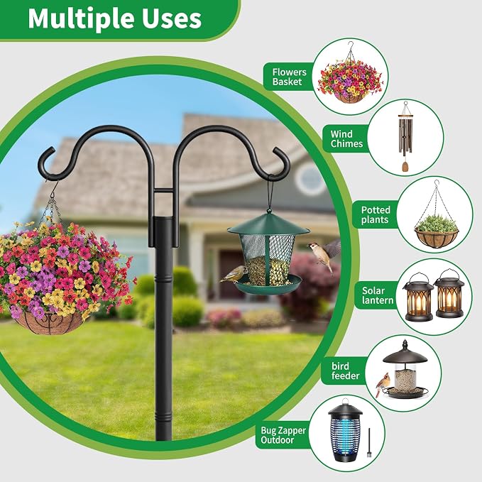 BEAU JARDIN Double Shepherds Hooks for Outdoor 76”2 Pack Adjustable Shepard for Garden Hummingbird Bird Feeder Pole 5 Prong Base Heavy Duty Metal Plants Hanger Lanterns Wind Chime Wedding for Outside