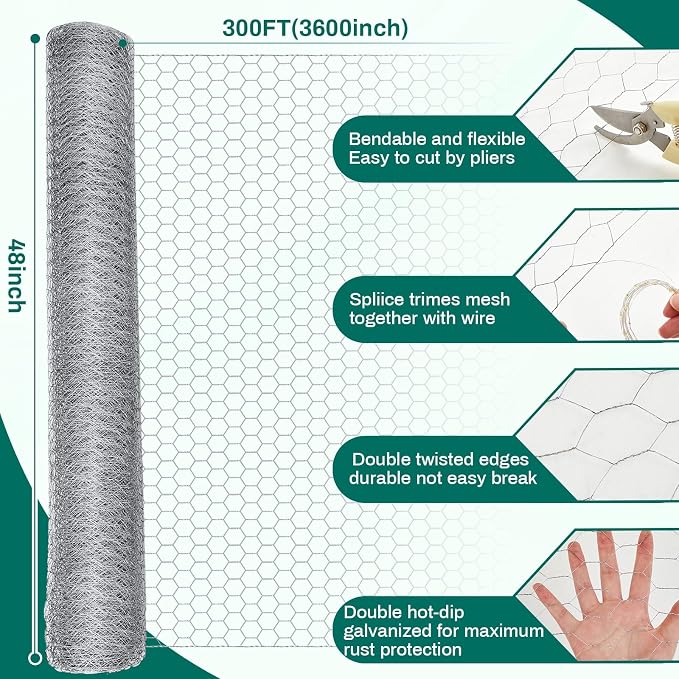GlikCeil 48 in x 300 ft Chicken Wire Mesh Fencing for Floral Garden, 23 Gauge Silver Galvanized Steel Wire, 1 Inch Hexagonal Hardware Cloth Netting for Farm Crafts Poultry Coop Barrier Rabbit Cage