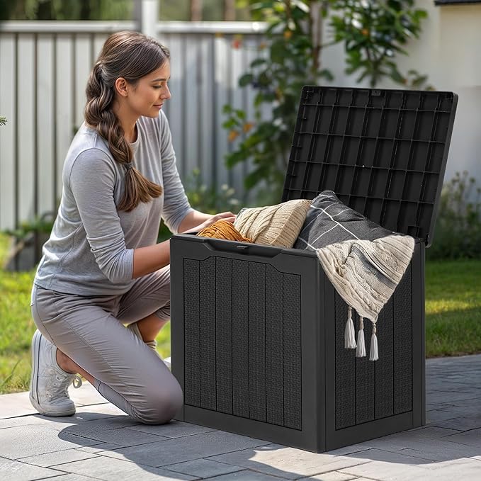 YITAHOME 30 Gallon Resin Deck Box, Weather Resistant Outdoor Rattan Storage Box, Lockable Indoor Outdoor Storage for Supplies and Essentials, Black