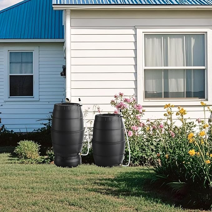 45 Gallon Rain Barrel with Stand for Gutter Rainwater Collection, BPA-Free Water Storage Barrel with Mesh Screen, Spigot and Overflow Valve for Garden Watering and Outdoor Use