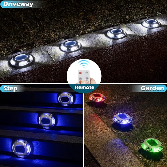 SIEDiNLAR Solar Driveway Light with Remote, 11 RGB Modes, Waterproof Outdoor Safety Light for Driveway Marker Deck Dock Walkway Pathway Step Yard Garden (8 Pack)