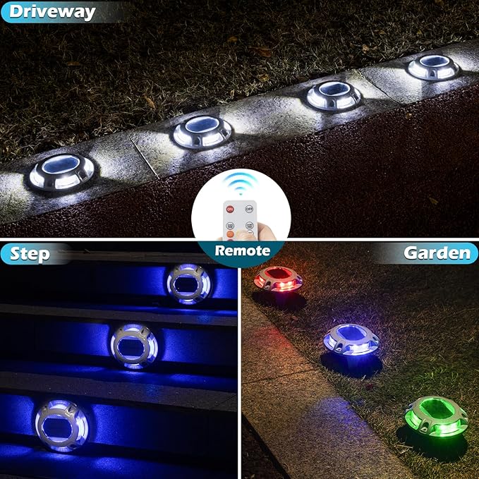 SIEDiNLAR Solar Driveway Light with Remote, 11 RGB Modes, Waterproof Outdoor Safety Light for Driveway Marker Deck Dock Walkway Pathway Step Yard Garden (1 Pack)