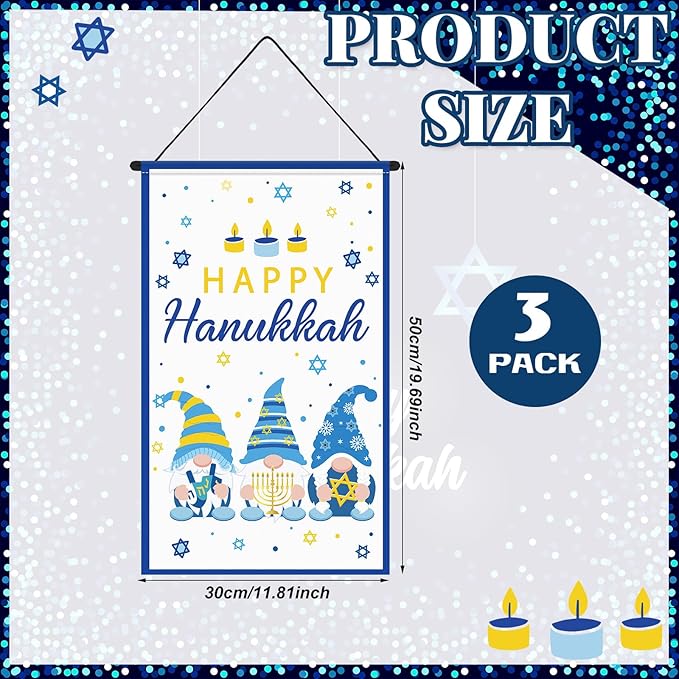 Tegeme 3 Pcs Hanukkah Door Sign Flag Chanukah Blue White Door Hanging Banner Menorah Star of David Menorah Wall Decoration for Hanukkah Party Supplies Outdoor Indoor Decoration