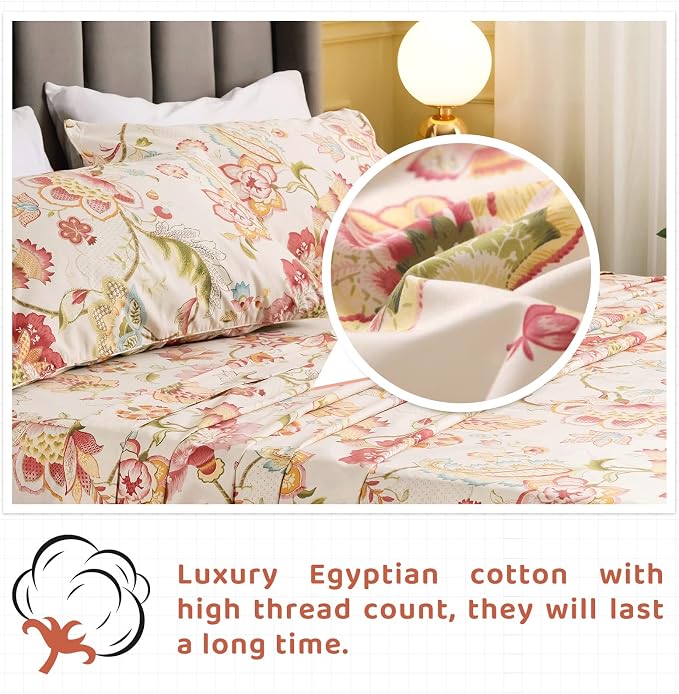QSH Floral King Size Sheet Sets - Lotus Botanical Print Printed Bedding 100% Egyptian Cotton Sheets for King Size Bed Sheets with Deep Pockets Extra Soft and Breathable 4pcs