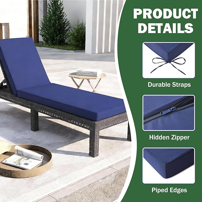 Chaise Lounge Cushions Outdoor, 72x 21x 3 Inch Waterproof & Fade-Resistant Lounge Chair Cushion, Outdoor Chaise Cushion with Removable Cover & Ties for Lawn, Patio, Pool & Beach, Navy Blue