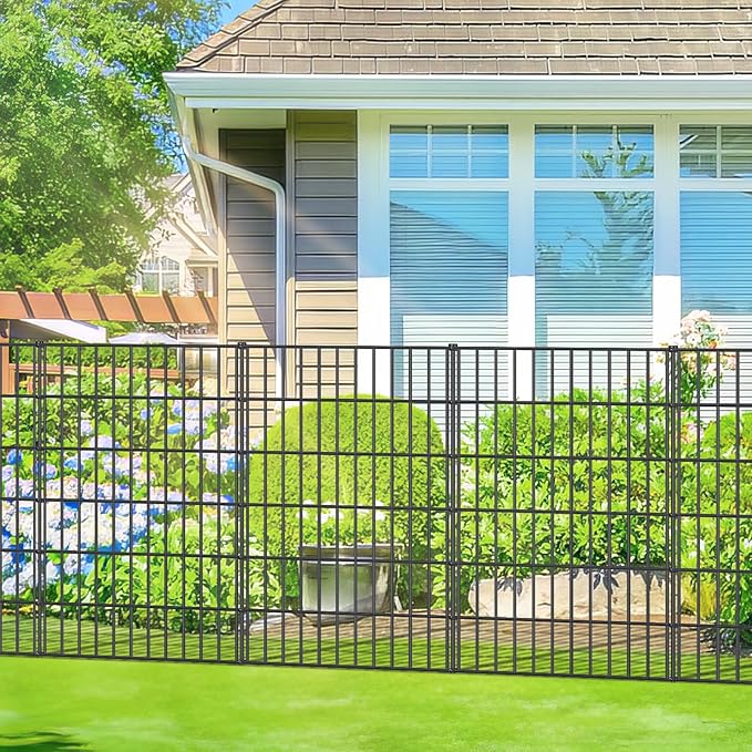 FOREHOGAR Metal Garden Fence 40in (H) x 23.3ft (L), 10 Panels + 11 Stakes Dog Fences Border Fence Animal Barrier, No Dig Garden Fencing for Yard Flower Bed Lawn Patio Outdoor, PIN402810 Black