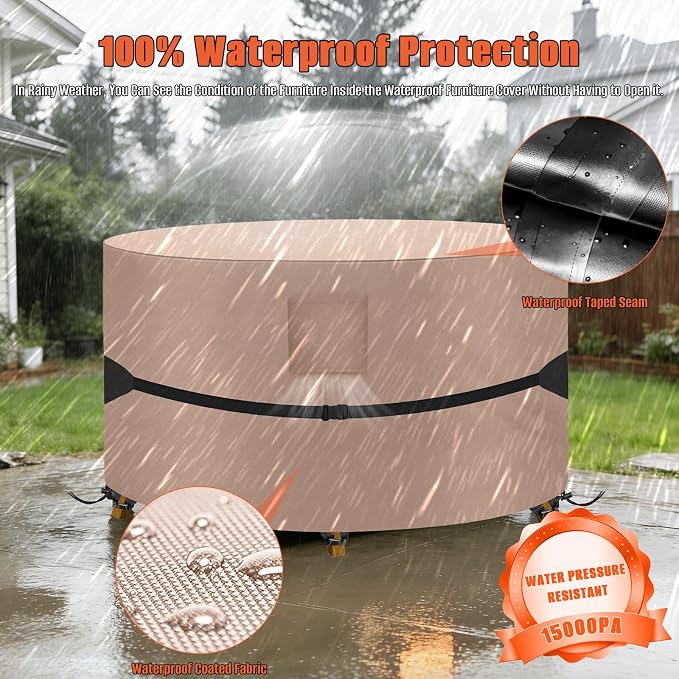 Kovshuiwe Round Patio Table Cover 84" DIAx28 H, 600D Waterproof, Khaki | 600D Tear Resistant for Outdoor Dining Table and Chairs 84 inch