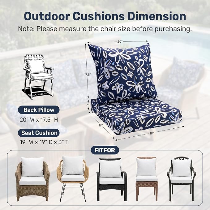 UNIKOME Outdoor Seat Cushions 19 X 19 Inch - Water-Resistant & Fade Resistant, Removable Cover Patio Furniture Cushions for Chair, Sofa, Couch, Wicker, NavyBlue/White