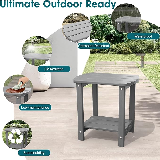 THOEOE Adirondack Outdoor Side Table, 2-Tier Sturdy Patio End Table Weather Resistant, Morden Side Table for Patio, Pool, Porch, Grey