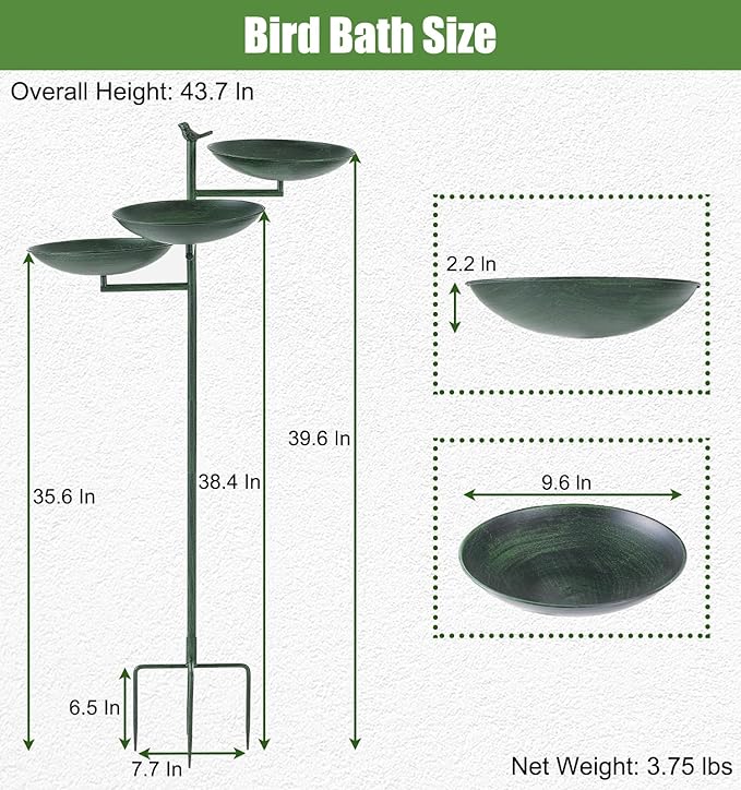 44" H Bird Bath and Feeder for Outside, 3 in 1 Free Standing Metal Birdbaths for Outdoors, with Cast Iron Bird 4-Prong Stake Base for Outdoors Yard Garden Patio, Green