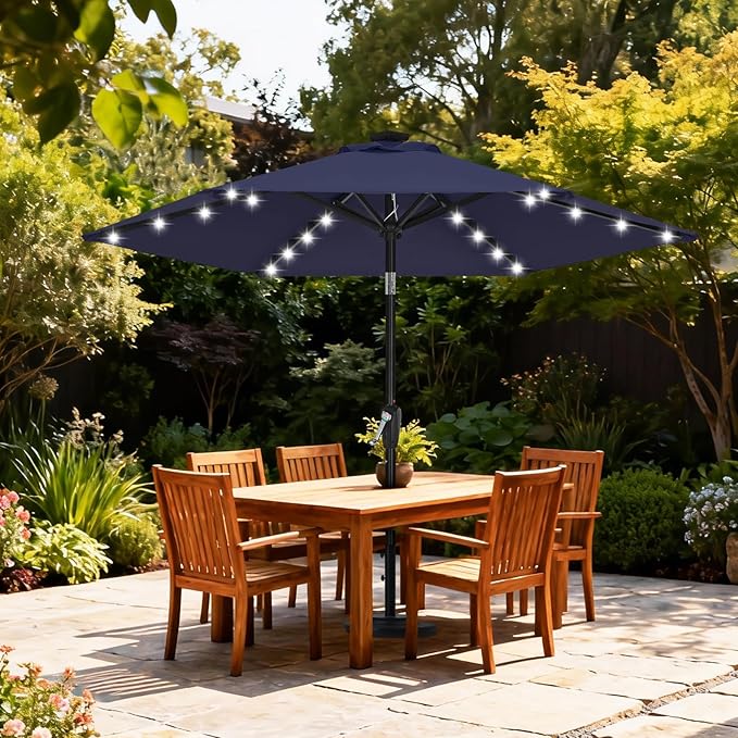 ABCCANOPY Durable Solar Led Patio Umbrellas with 24LED Lights 7.5FT with 6 Sturdy Ribs (Navy Blue)