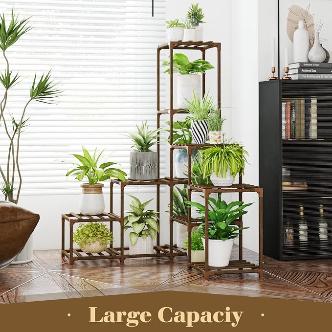 Bamworld Plant Stand Indoor Corner Plant Shelf Wood Plant Holder 13 Pots for Multiple Plants Home Decor for Gardening Gifts
