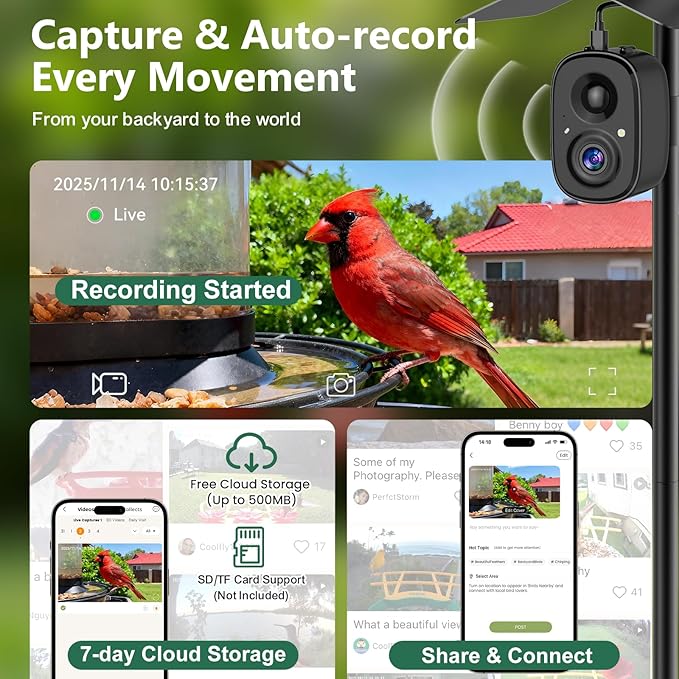 Smart Bird Feeder Camera Solar Powered with Pole, 2.5K HD Birdwatching Live Video Auto Capture, AI Identification & Instant Notification, Wireless Bird House/Bath Cam Outdoor, Gift for Bird Lovers