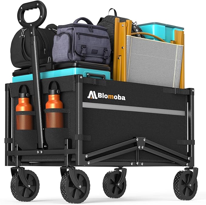 Blomoba Collapsible Wagon Cart, Flexible Handle, Portable Collapsible Wagon with All-Terrain Wheels 360° Rotation, 220LBS Heavy Duty Utility Cart for Garden Camping Grocery Sports Shopping Beach
