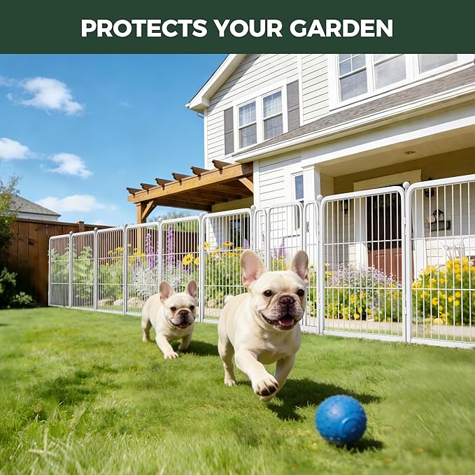FXW Garden Fence Outdoor for the Yard – 24in(H) x 15.2ft(L) Heavy Duty Metal Animal Barrier for Dog, No Dig Decorative Dog Fence, 8 Panels, White