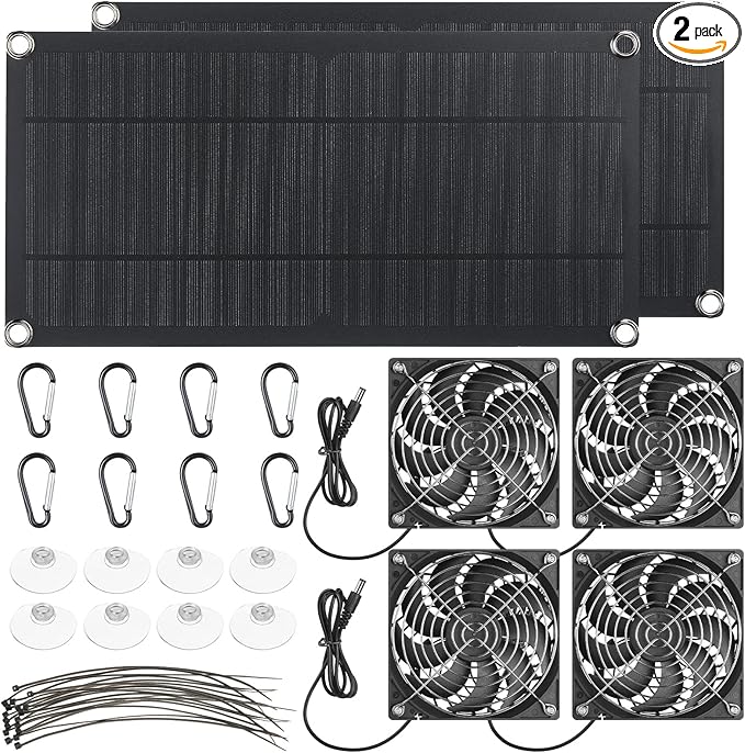 10w 12v Solar Panel Dual Fans Kit Waterproof Outdoor Solar Powered Exhaust Ventilation Fan Dual USB Portable Solar Attic Fan for Chicken Coop Greenhouse Shed PET Houses Window (2 Set)