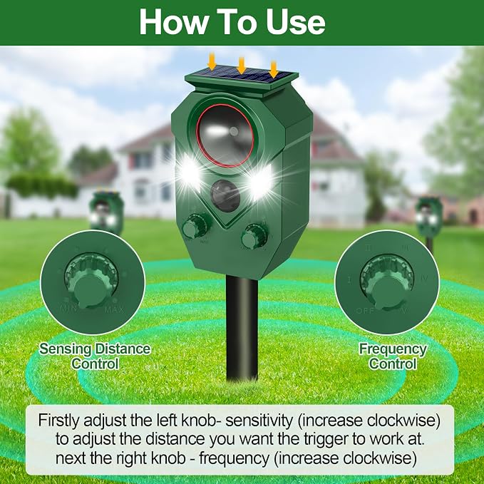 Ultrasonic Animal Repeller Outdoor,Cat Repellent & Deterrent with PIR Sensor & Flashing Light,Solar Powered Deer Repellent Device for Squirrels,Raccoons,Skunks,Rabbits,and Dog,IP65 Waterproof - 1 Pack