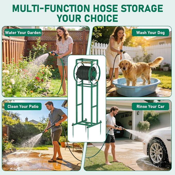 Garden Hose Reel Stand with Storage Rack - 125ft 5/8" Water Hose Organizer Holder, 4 Ground Spikes & Hooks, Universal Water Hose Adapter, Detachable Metal Frame, Green