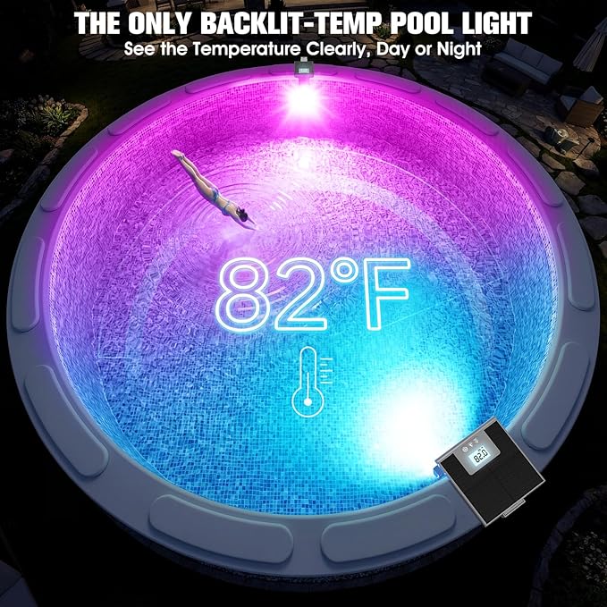 Solar Pool Light for Steel Wall Above Ground Pool Light,Submersible Pool Light with LCD Pool Thermometer,Underwater light for Pool Accessories,10 Light Modes Swimming Pool LED Lighting,1PC