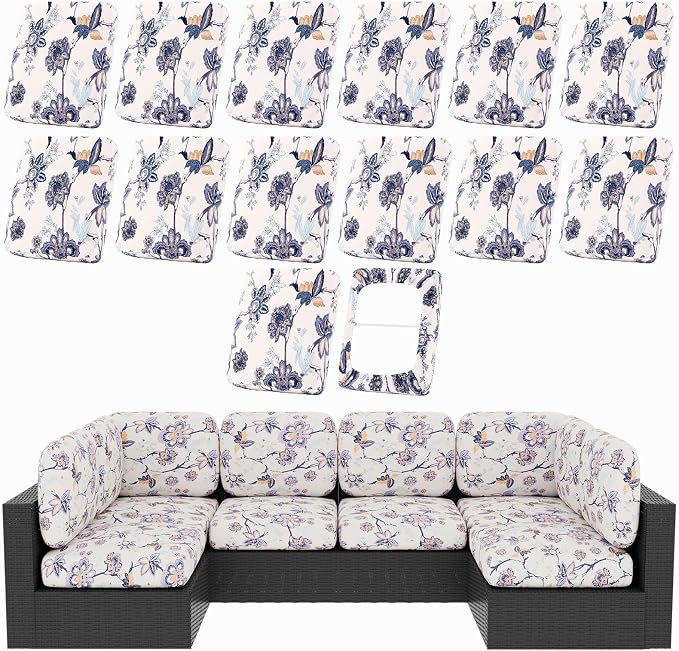 hyha 14Pcs Patio Cushion Covers, Stretch Outdoor Couch Cushion Covers, Washable Outdoor Chair/Sofa Slipcovers for Patio Furniture Cushions Protector with Elastic Bottom(Vintage Flower,Cover Only)