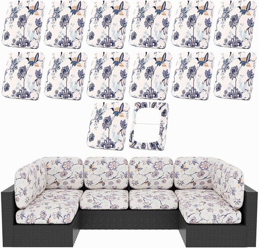 hyha 14Pcs Patio Cushion Covers, Stretch Outdoor Couch Cushion Covers, Washable Outdoor Chair/Sofa Slipcovers for Patio Furniture Cushions Protector with Elastic Bottom(Vintage Flower,Cover Only)