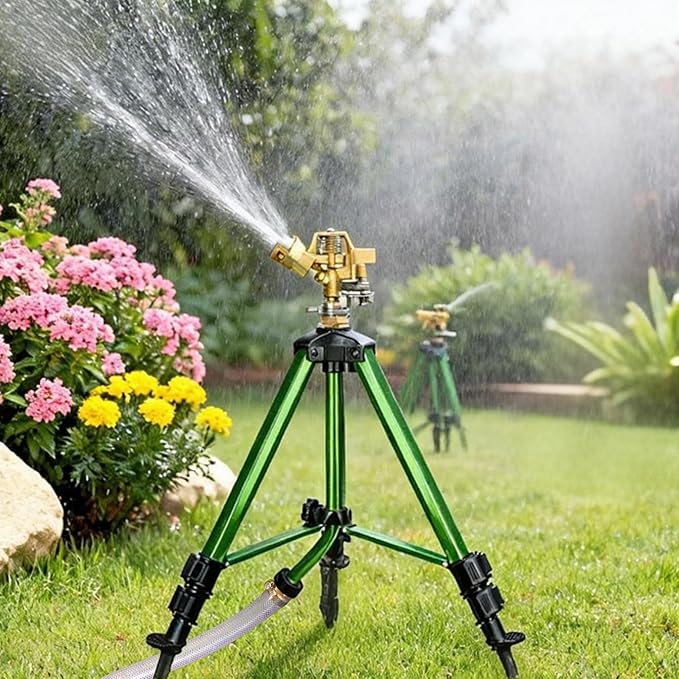 2 Pack Impact Sprinkler on Tripod Base, 360° Adjustable Brass Sprinkler Head with Stakes, Heavy Duty Metal Tripod Lawn Sprinkler for Large Area Lawn, Yard & Garden Irrigation