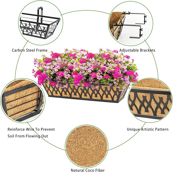 4 Pack 24 Inch Window Boxes Planters for Outdoor Plants Railing Planter Box with Adjustable Brackets for Windowsill Porch Fence Patio Hanging Flower Coco Baskets for Outside Decoration - Black