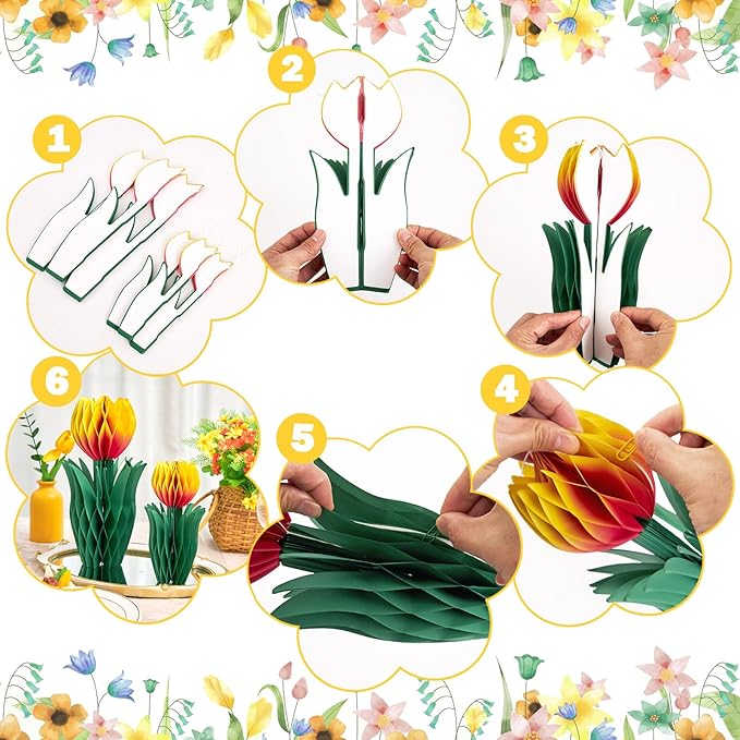 OBBOLO 6 Pcs Tulip Honeycomb Decorations, Spring Decorations for Office, Spring Table Decor, Tulip Party Decorations, Spring Centerpieces for Tables for Mothers Day Spring Party, Womens Day