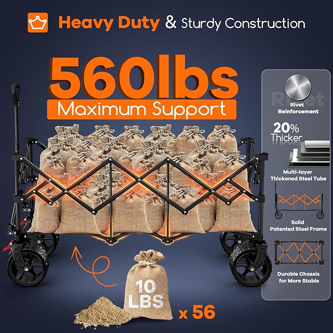 48" L Collapsible Wagon Cart Foldable, 560lbs Weight Capacity 300L Heavy Duty Folding Beach Wagons with Big All-Terrain Wheels, Utility Carts for Groceries, Shopping, Camping, Sports - Green