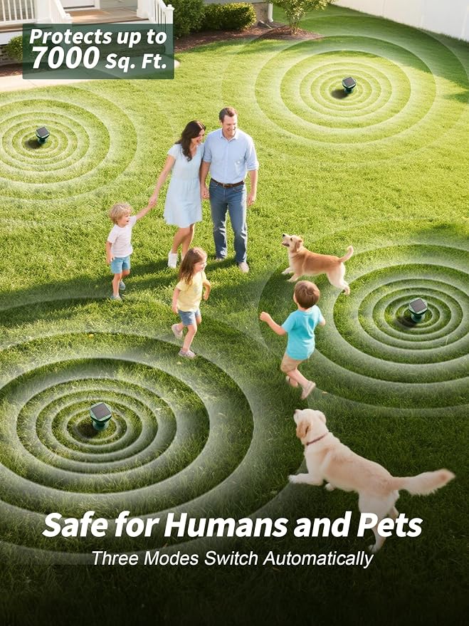 Solar Powered Animal Repellent for Yards - Waterproof Sonic Vibration Device Removes Moles, Gophers, Groundhogs, Voles, Snakes - Simple Twist Stakes for Lawn & Garden (4, Green)