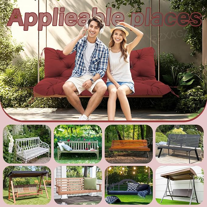 Porch Swing Cushions Outdoor 48 inch Waterproof Swing Cushion 3 Seater Replacement with Backrest and Ties Thicken 5" Bench Swing Cushions for Outdoor Furniture Patio(Wine Red48x40x5inch)
