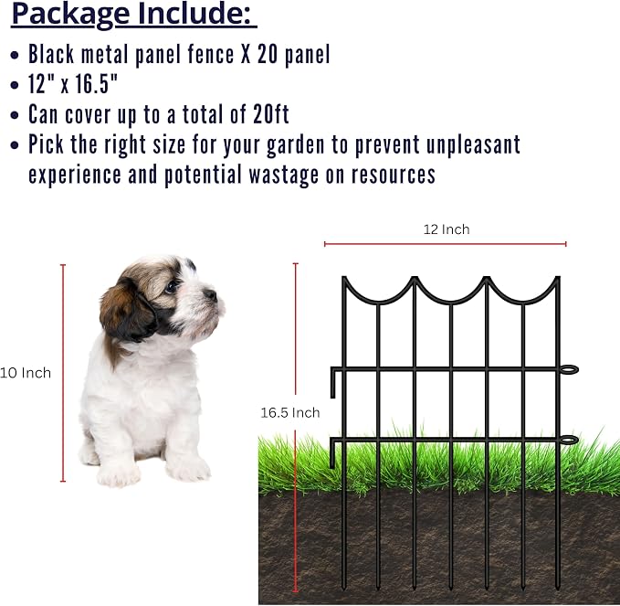 ShopLaLa Decorative Garden Fence (20 Panels) 12in(L) x 16.5in(H) Black Metal Wire Rustproof Animal Barrier Fencing for Dogs, Flower Bed Edging for Landscape Patio Outdoor Decor Gate and Fences Boarder