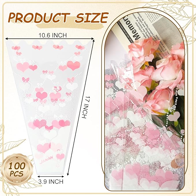 SELANTAG 100 Pack Pink Heart Clear Flower Bags for Bouquets,Valentine's Day Heart Flower Bouquet Bags, Floral Wrapping bag, Sleeves Perfect for Mother's Day, Wedding (10.6in x 17in x 3.9in)
