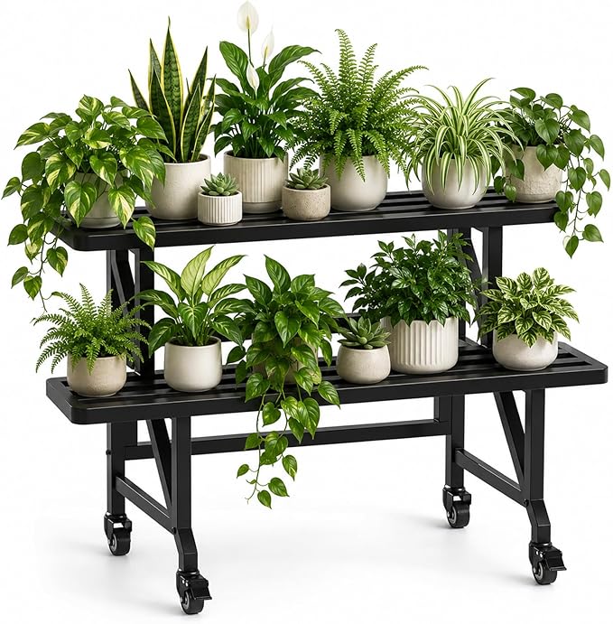 Metal Plant Stand with Wheels, 35.43" Wide Indoor Outdoor Flower Pot Rack, Black, 230 lb Capacity for Patio, Balcony, Living Room (2-Tier)
