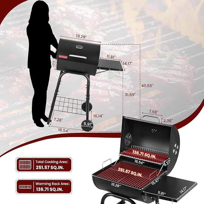 Barrel Charcoal Grill with Lid, 388 Sq.In Cooking Space & Wheels
