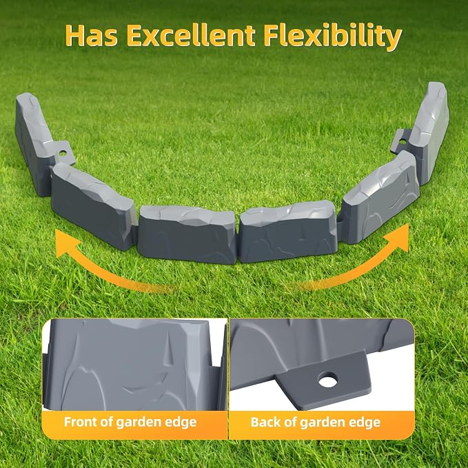 16Pcs No Dig Landscape Edging(24 Foot) with 48 Pieces 8-inch Spikes | 3 Inch Tall Faux Stone Edging for Landscaping | Faux Stone Edging Bricks for Flower Bed,Lawn,Yard,Weed Barrier(Dark Grey)