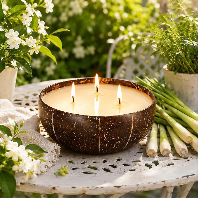 Viyffo Large Lemongrass Citronella Candles Outdoor, 3 Wick 18oz Citronella Candle Indoor, Non Toxic Soy Scented Candle, Natural Coconut Shell Jar for Patio, Garden, Backyard & Camping Décor & Gift