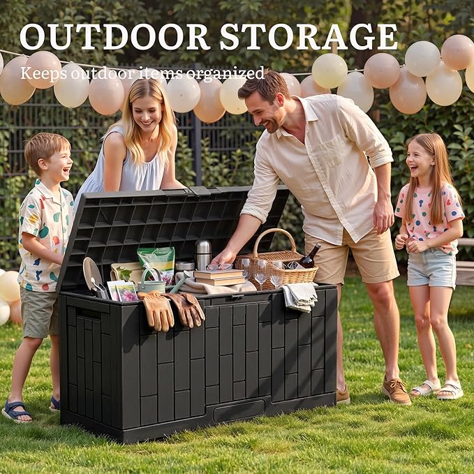 YITAHOME 60 Gallon Outdoor Storage Box, Large Water Resistant Resin Deck Box with Slide-Locking, Indoor Outdoor Bamboo-Textured Storage Container for Patio, Garden, Cushions, Tools, Equipment (Black)