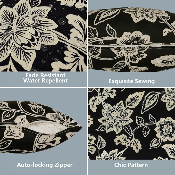 LVTXIII 2 Pack Outdoor Throw Pillow Covers for Patio Furniture, 16x16 Inch Square Pillow Case, Water-Repellent Cushion Covers for Garden, Porch, Sofa, Elegant Vines Black