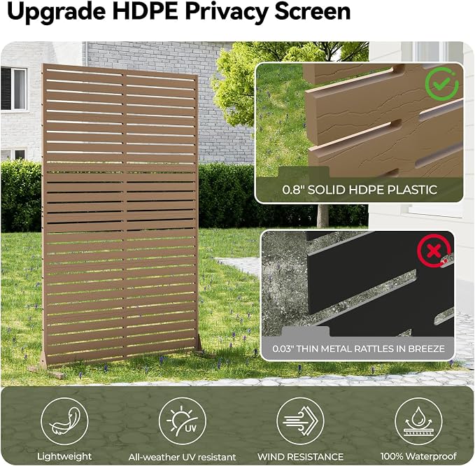 Privacy Screen Outdoor Freestanding Fence Panel with 6 Panel, 72" H×47" W HDPE Decorative Screen Panel with Stand, Air Conditioner Fence, Privacy Panels for Patio, Balcony, Garden, Backyard