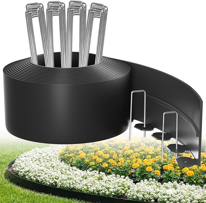 Bluepro Landscape Edging, 4 Inch 33 ft Garden Edging Border Kit with 50 Steel Stakes (Strong) & Reinforced Design - Tall Plastic Lawn Barrier for Flower Beds, Walkways & Yard